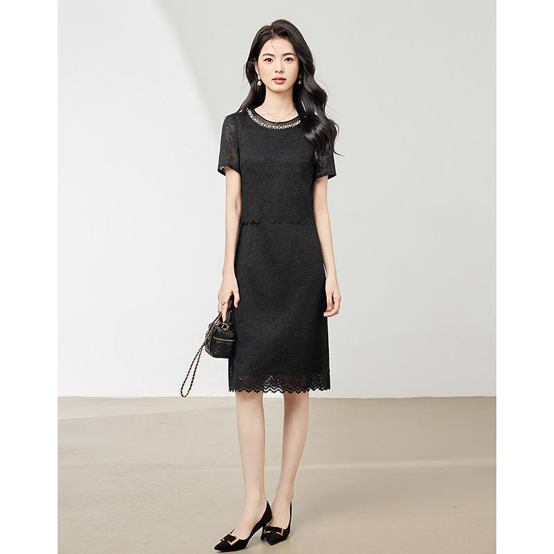Fashionable Temperament Nail Bead Round Neck Short Sleeved Mid Length Lace Dress