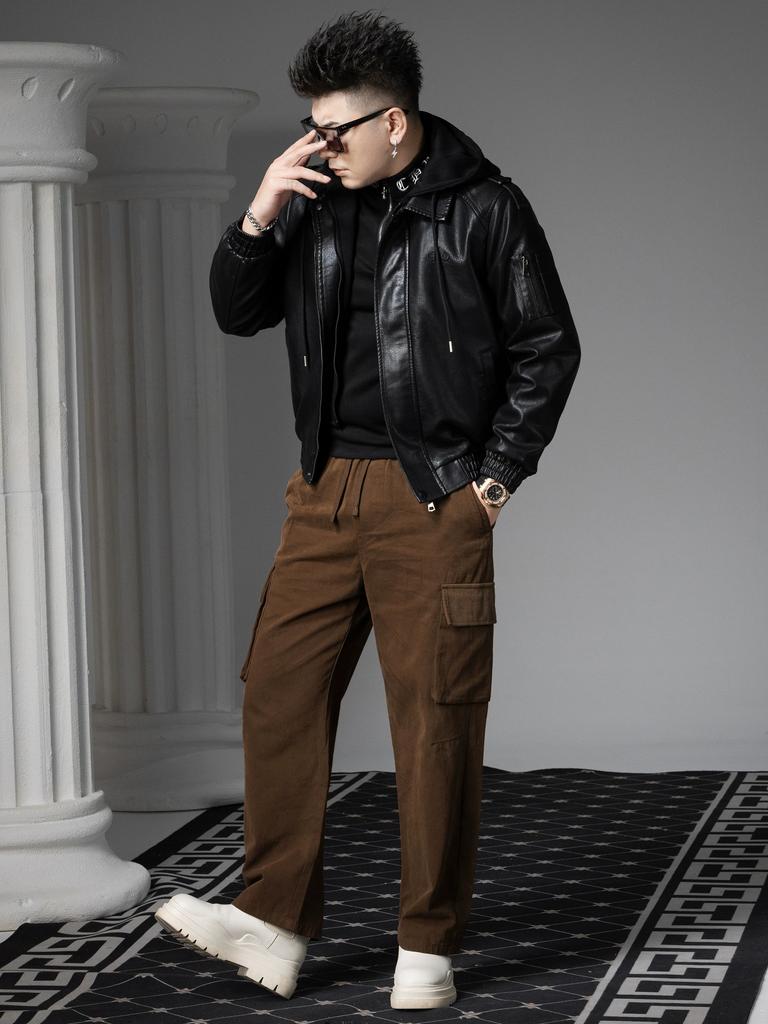 European Leather Jacket for Men 2025 New Winter Trendy Brand Fleece-Lined Casual Stylish Hooded Faux Two-Piece Leather Jacket