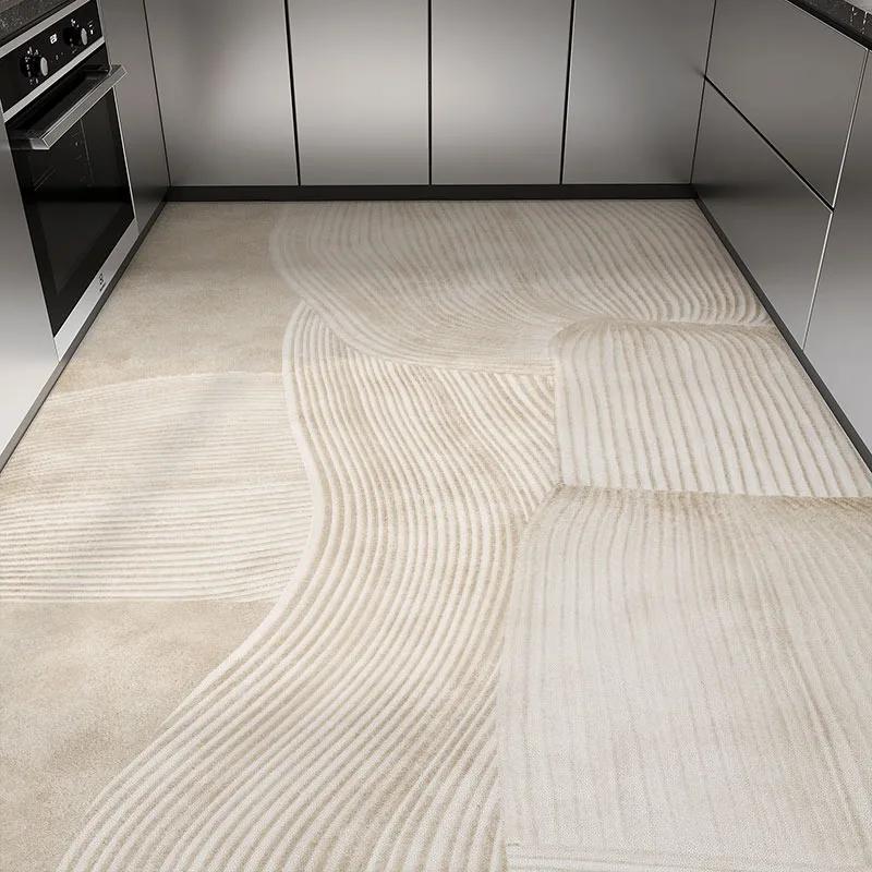 Waterproof PVC Kitchen Mat Non-slip Oil-proof Large Floor Rug Beige Leather Japanese Home Decoration Carpet