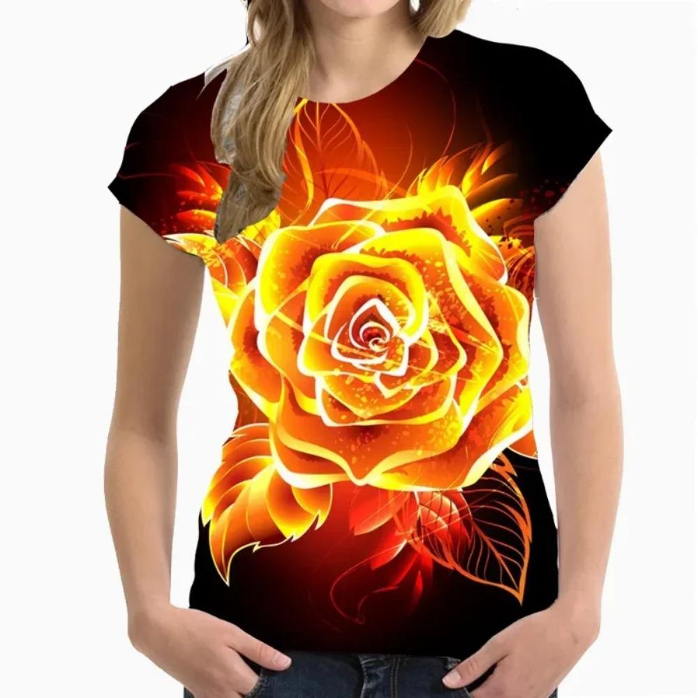 Fashion Women Clothing New Pink Gold Rose 3D Print T-shirt Personalized Casual Harajuku Street Unisex Oversized T Shirt Tops