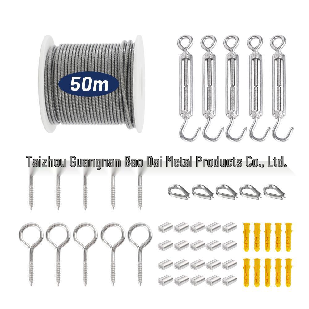 Stainless Steel Rubber-Coated Wire Rope Suspension Kit for Outdoor String Lights with Thimble Hook and Tensioner