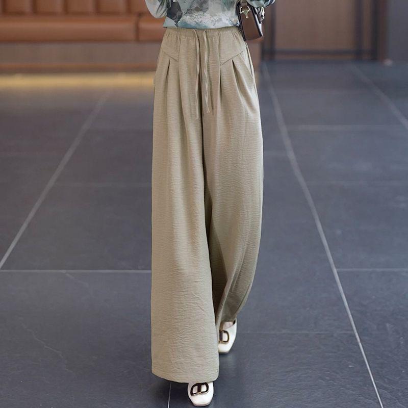 2026 Summer Women's High-Waisted Ice Silk Wide-Leg Pants - Korean Style Casual Loose Skirt Pants