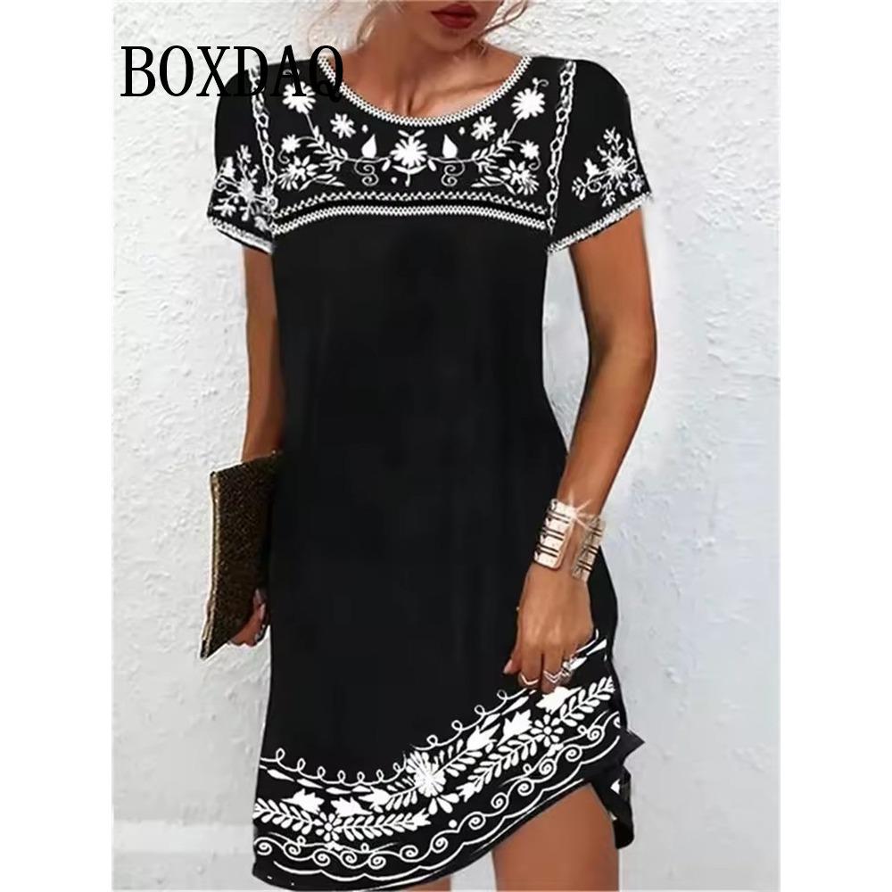 Sommer Mode Abstrakt Floral Bedrucktes Kleid Locker Lässig Gestreift Kurzarm Kleider Strandurlaubskleid Damen Kleidung