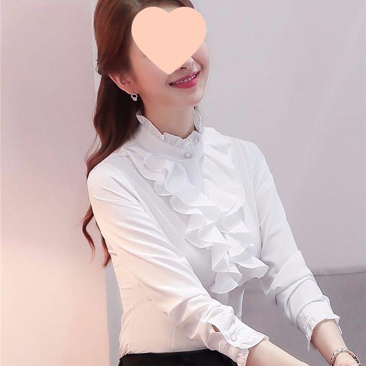 2025 Spring & Autumn Korean Style Women's Stand-Up Collar Long Sleeve Slimming Ruffle Shirt