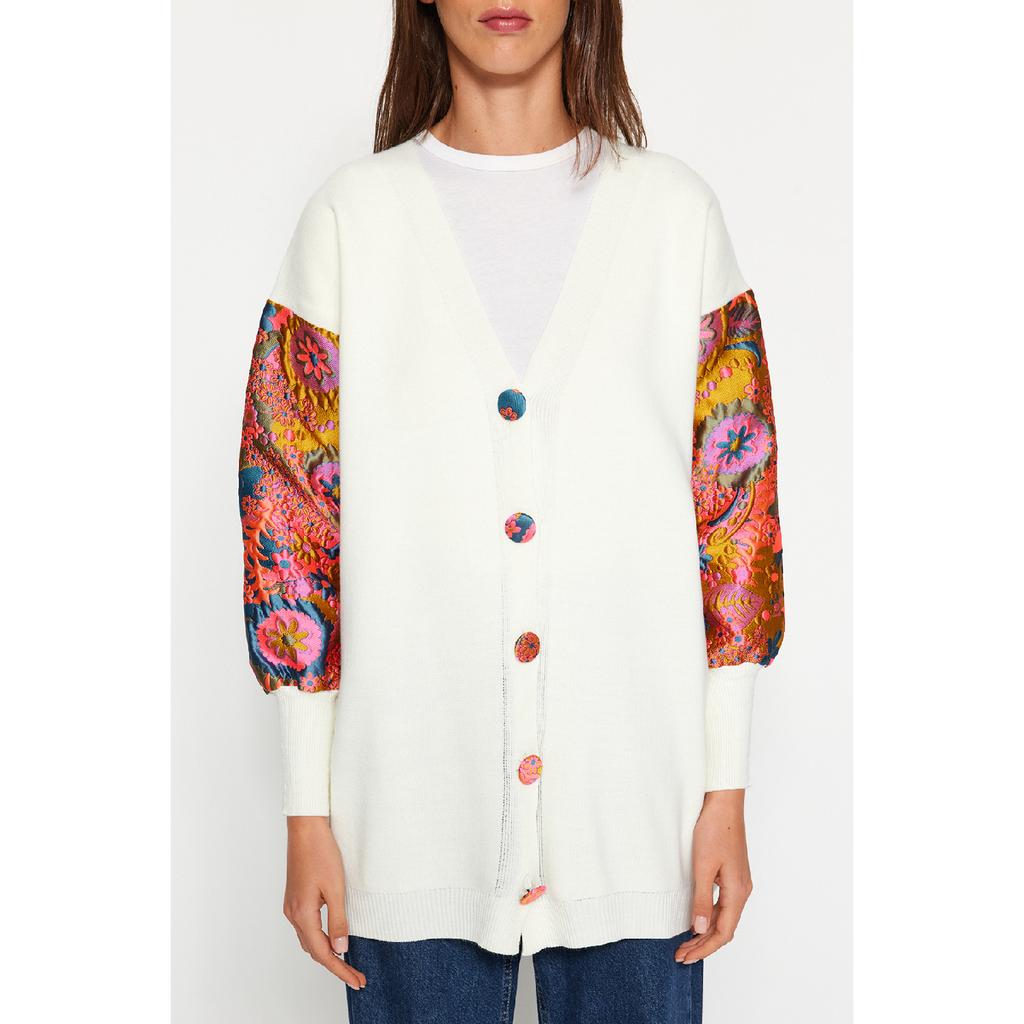 Mâneci ecru cu model Croială confortabilă Tricotaj Cardigan Tctaw24th00086