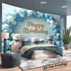 2D Cute Teddy Bear Backdrop, "Happy Birthday" Blue Balloons Party Background