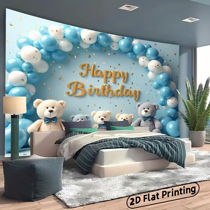 2D Cute Teddy Bear Backdrop, "Happy Birthday" Blue Balloons Party Background