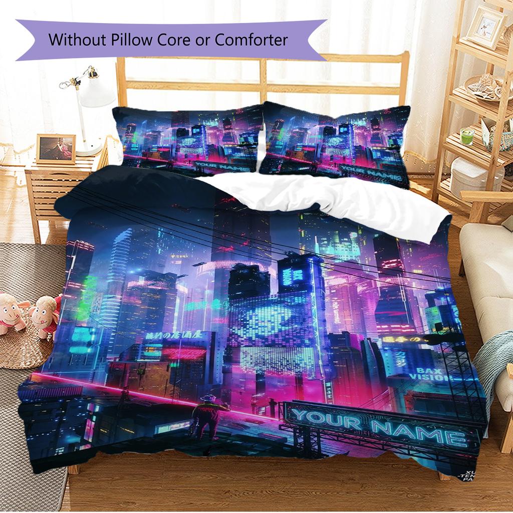 Name Custom Cyberpunk Pattern Bedding Set Quilt Cover Pillowcase Home Decor Gift (1 * Duvet Cover + 2 * Pillowcase, Without Core)