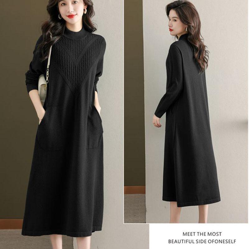 Autumn Winter Women's Plus-Size Sweater Dress Solid Color Loose Half Turtleneck Long Knitted Dress with Pockets