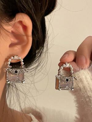 2pcs Exquisite Minimalist Handbag Shaped Earrings, Luxurious And High-End, Suitable For Round Face Chic Earrings