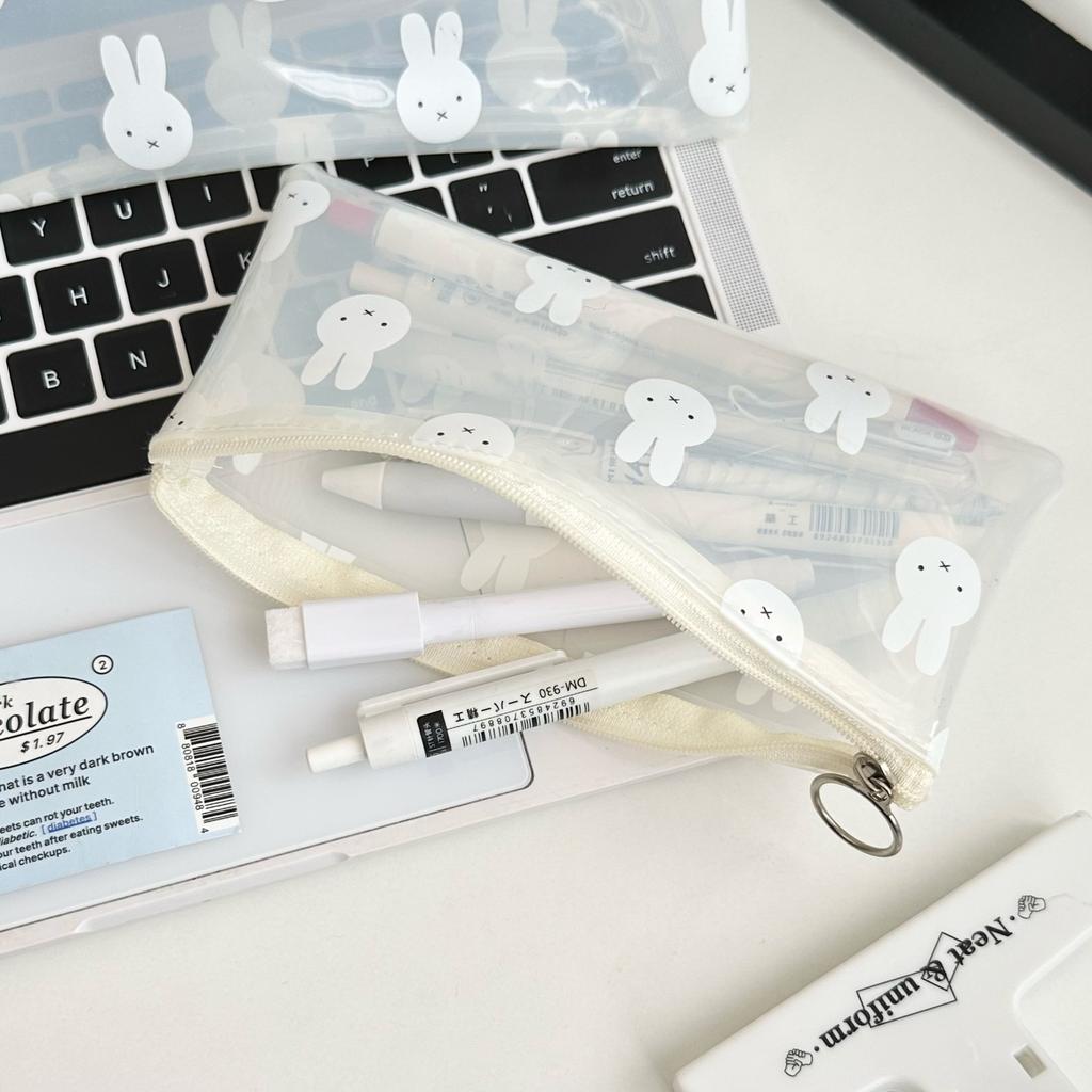 Kawaii Cute Miffy Rabbit Pen Case PVC Printed Stationery Bag Fashionable Student Transparent Pen Case Waterproof Storage Bag