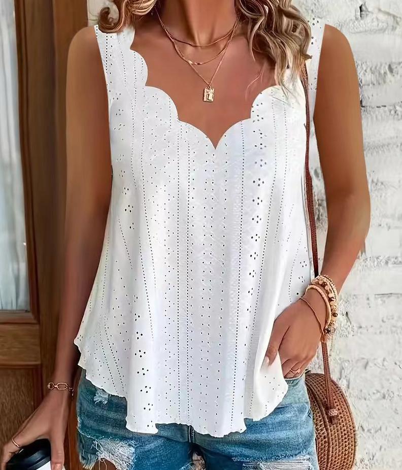 Women s Scalloped V Neck Eyelet Embroidered Sleeveless Loose Fit Casual Tank Top Cami Blouse XL белый