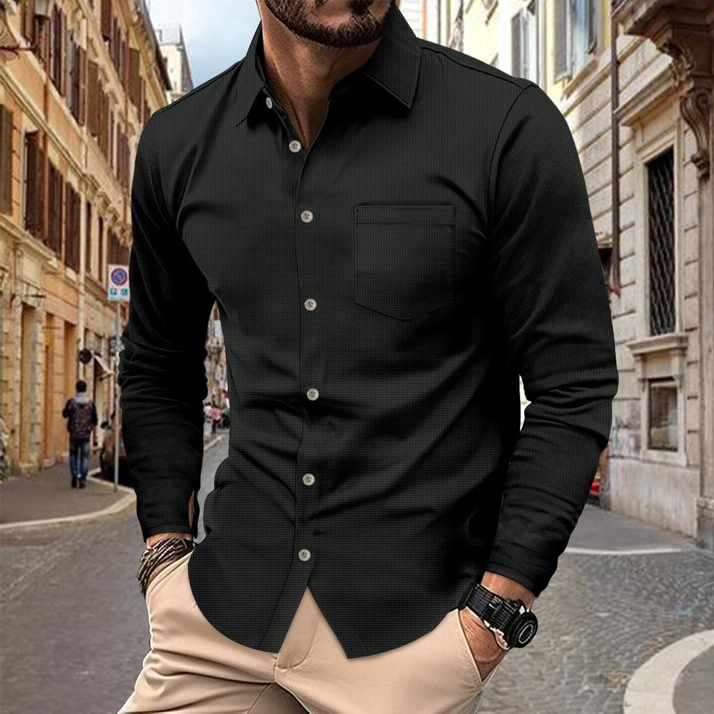 Spring and Autumn New Men's Waffle Solid Color Cardigan Chest Pocket Long Sleeves