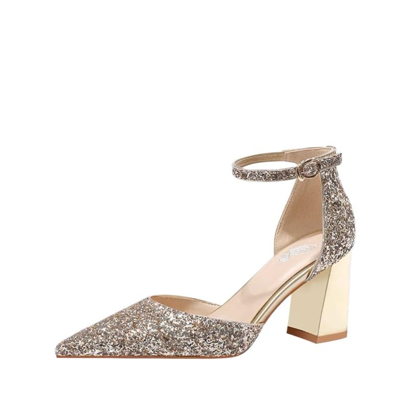 Shoes Female Ankle Buckle Strap Women's High Heels Fashion Dress Pumps Women Bling Pointed Toe Shallow Chunky Heels Sandal