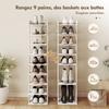 9-stufiges Schuhregal, Schuhorganizer für bis zu 9 Paar mit oberer Ablage, 2 Haken, 30x30x128,4cm, weiß