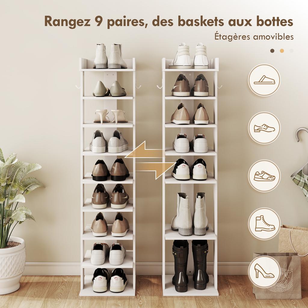 9-stufiges Schuhregal, Schuhorganizer für bis zu 9 Paar mit oberer Ablage, 2 Haken, 30x30x128,4cm, weiß