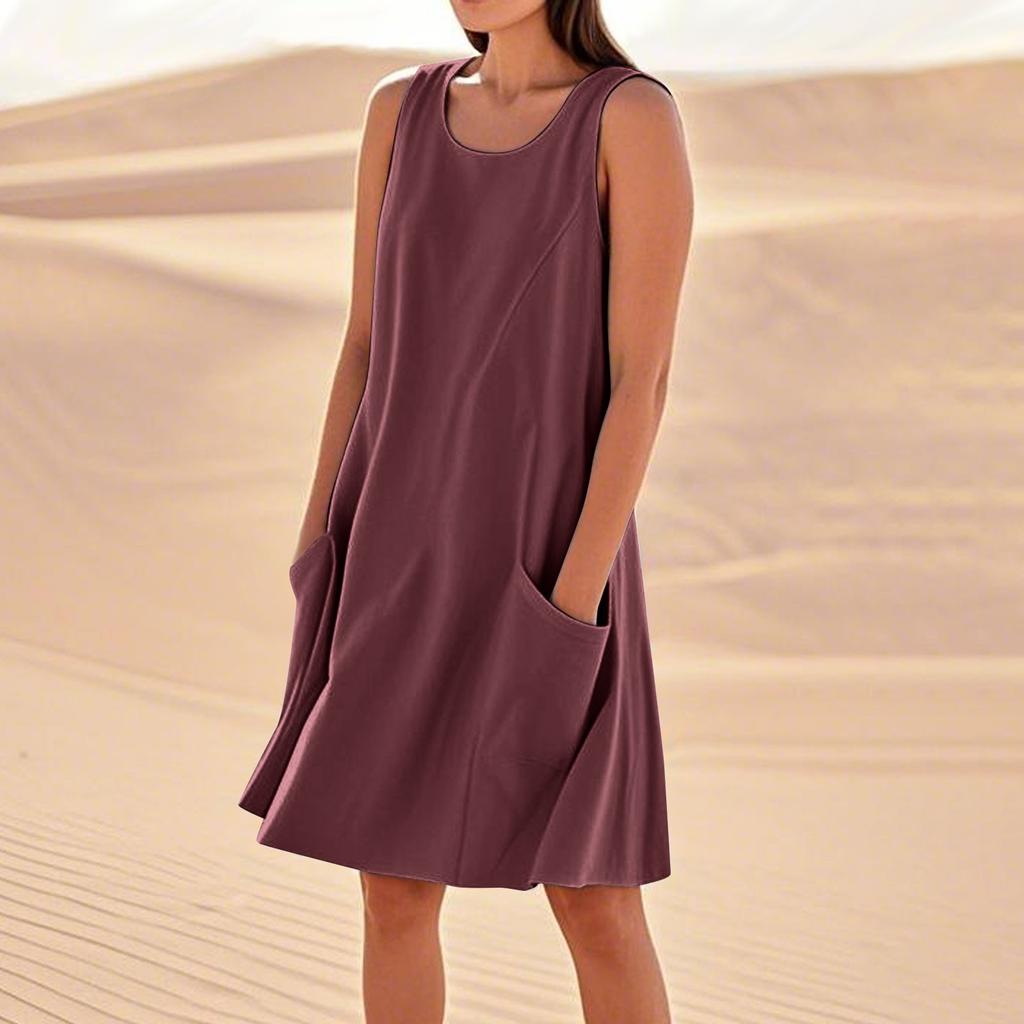 Sommerkleider für Damen, lockerer Strandurlaub, lässig, ärmellos, Sommerkleider mit Taschen, Tankkleid