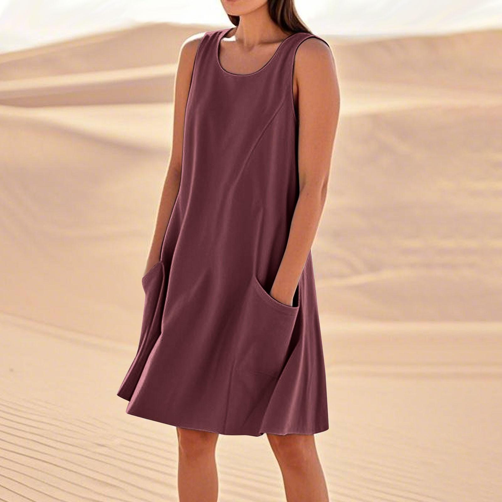 

Летние платья для женщин, свободные пляжные повседневные сарафаны без рукавов с карманами, платье-майка M верблюд