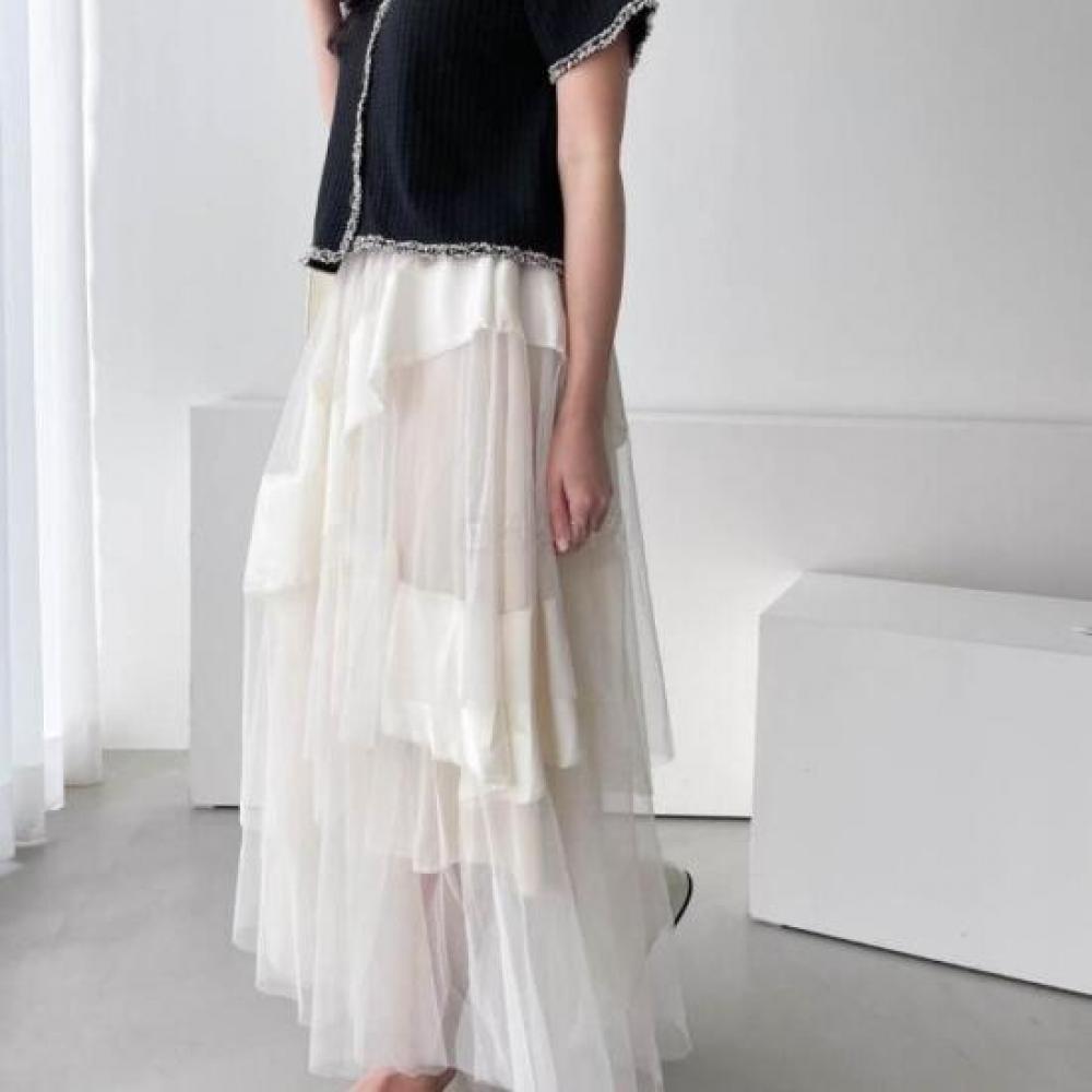 Mondead Women Chalang Fit Sheer Color Block Long Skirt