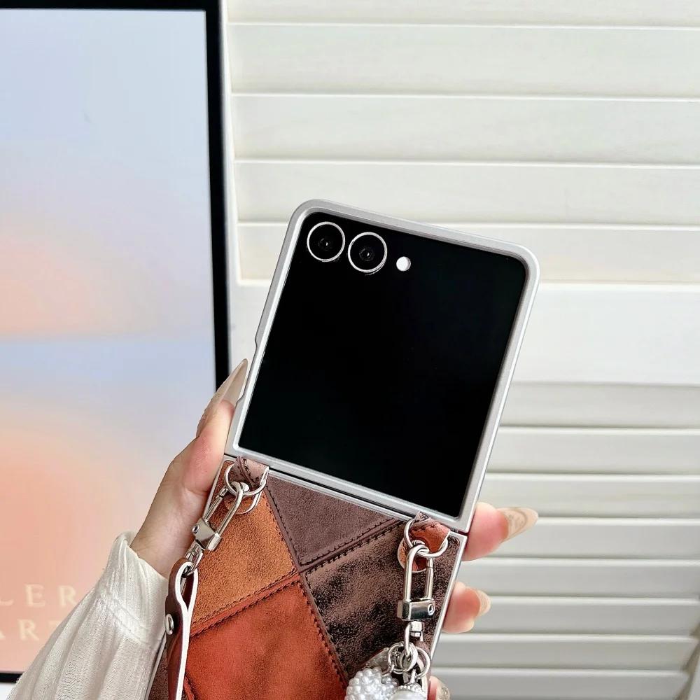 Fusion Business Sle Bla Color Collision Wristband Lanyard Leather Phone Case for Samsung Galaxy Z Flip 7 6 5 4 3 Protect Cover