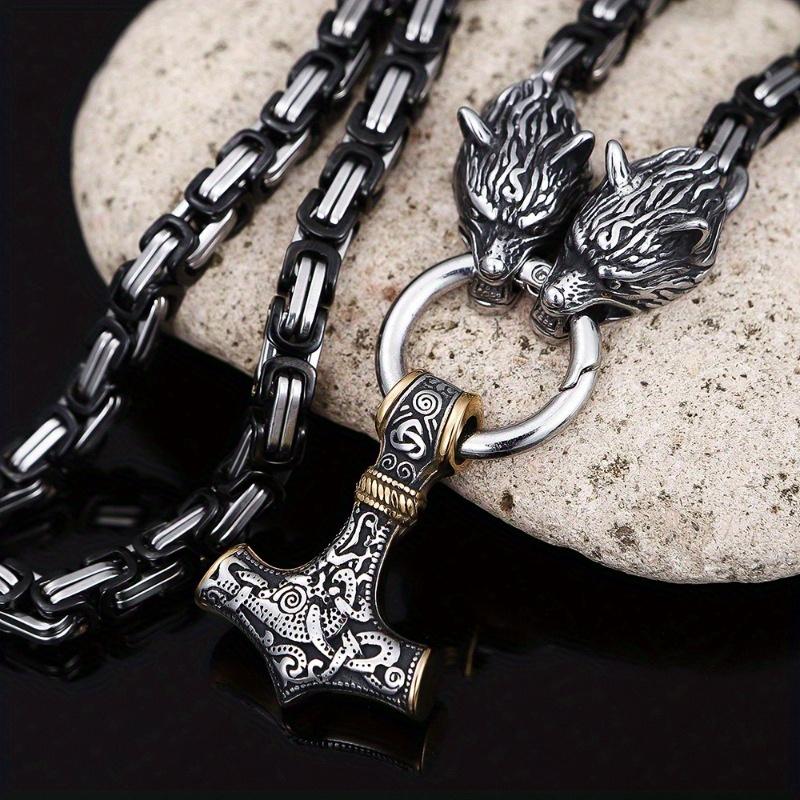 Nordic Viking Mythology Thor Hammer Pendant Necklace Room Black Emperor Chain Wolf Head Necklace Men's Stainless Steel Jewelry Necklace Gift