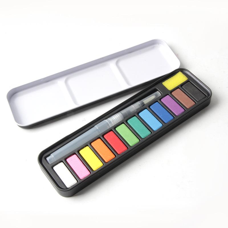 12-Color Solid Watercolor Paint Set with Black Iron Box and Water Brush