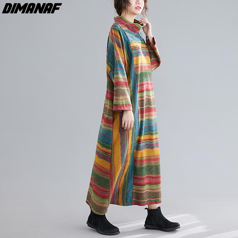Dimanaf Autumn Winter Long Sleeve Dress Oversize Turtleneck Striped Cotton Thick Vintage Lady Loose Maxi Dress Women Clothing