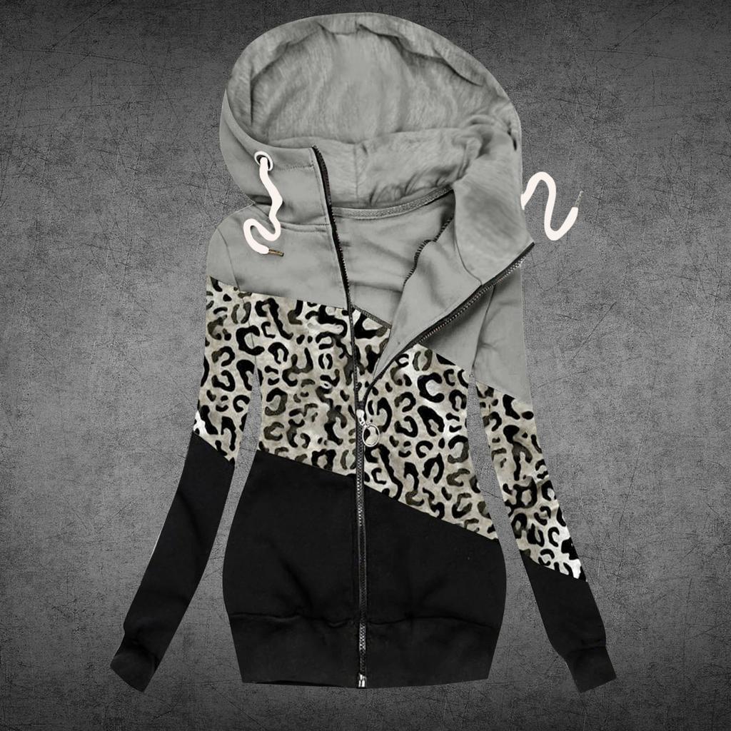 Women Winter Casual Leopard Prints Jacket Zipper Sweatshirt Long Sleeve Coat