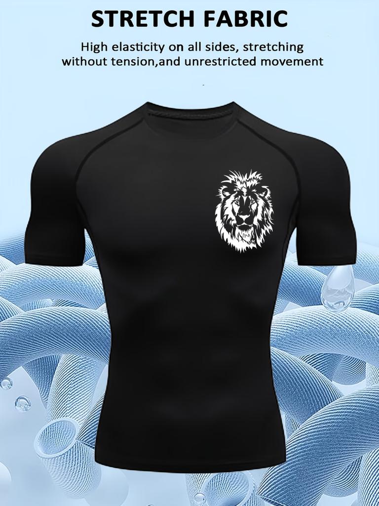 Mens Compression Short Sleeve T-Shirt White Lion Head Graphic Stretch Fabric Quick Dry Breathable High Elasticity Gym And Running Athletic Top