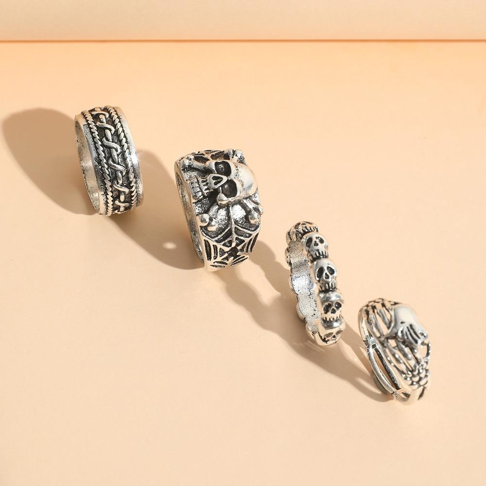 4PCS Gothic Trendy Jewelry Silver Color Skull Finger Rings for Women Punk Heart Butterfly Boho Ring