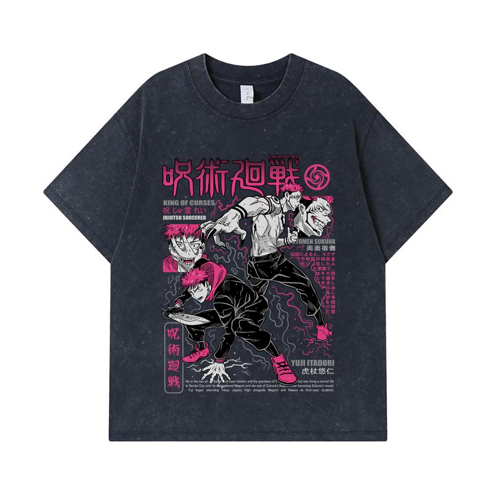 275 GSM Washed T-shirts 100% Cotton Jujutsu Kaisen V34 Yuji Sukuna Print Unisex Heavy Cotton T Shirt
