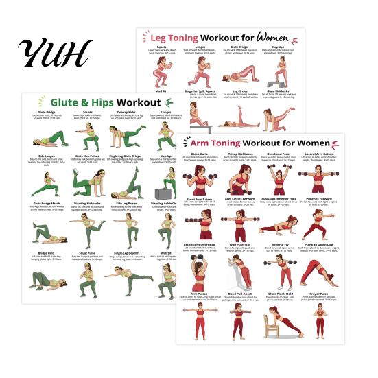 Chair Exercise Guide 3Pcs Women s Workout Poster Set, Strength Training for Arms Legs Dorm Room Fitness Chart Hips, Home Gym, Wall Art Women Targeted 3pcs
