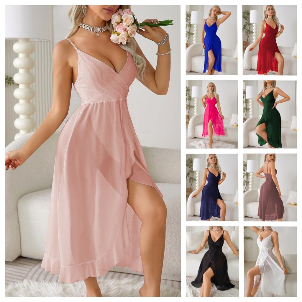Sexy Deep V High Slit Cami Nightgown Multi-Color Sheer Breathable Women's Comfortable Loungewear 683 Daring Lightweight Sleepwear Perfect for Nights