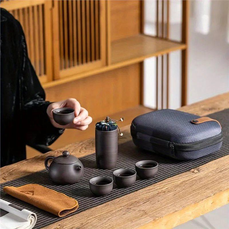 A84E-Portable Outdoor Travel Tea Set 1SET Zisha Style Including One Pot And Four Cups