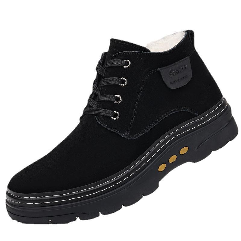 Winter New Men's Cotton Shoes, Genuine Leather, Wool and Fur Integrated Warm Casual High-top Boots, Anti-velvet Cowhide Men's Shoes