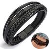Murtoo Mens Unisex Cuff Bracelet - Black Leather Multi-Layer Magnetic Clasp Rope Wristband (Black, 7.5