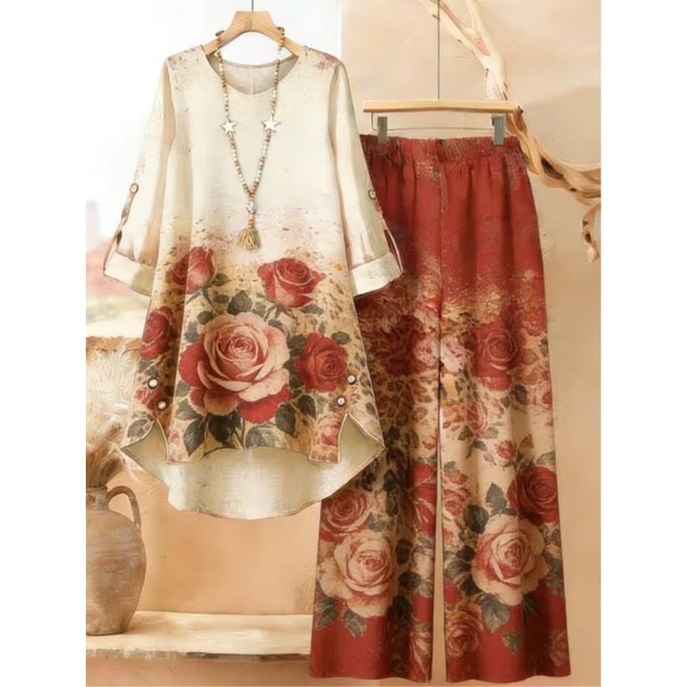 Floral Print Two Piece Outfit Women Long Sleeve Irregular Hem Tunic Top Wide Leg Pants Casual Matching Set