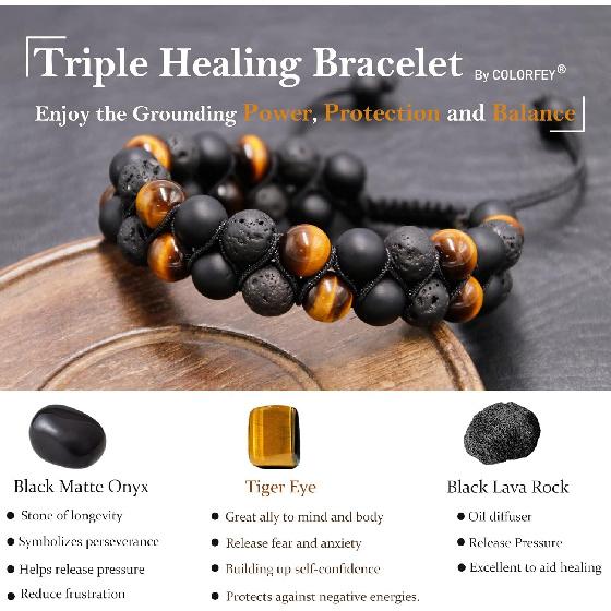 Triple Protection Bracelet for Men Women, Genuine Premium Tiger Eye Black Onyx and Lava Rock 8mm Handmade Bead Bracelet Healing Crystal Protection