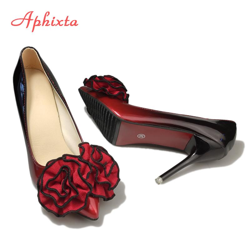 Fashion Aphixta 3.93inch Heels Pointed Toe Pumps Women Flower Thin High Heel Shoes Gradient Discolor Patent Leather Wedding Shoes Woman