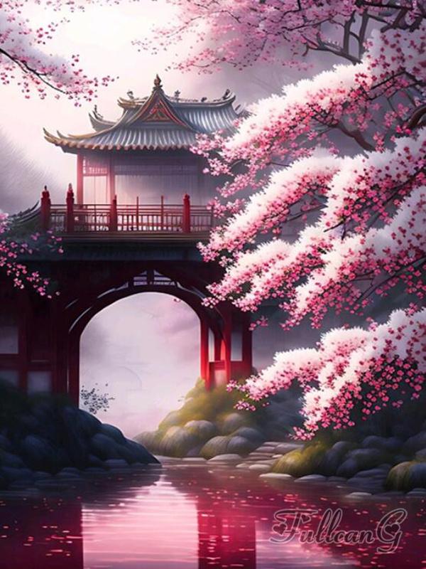 Japanese Cherry Blossoms Diamond Painting New Arrivals Waterfall Temple Landscape Full Rhinestone Embroidery Mosaic Cross Stitch Kits AA4518