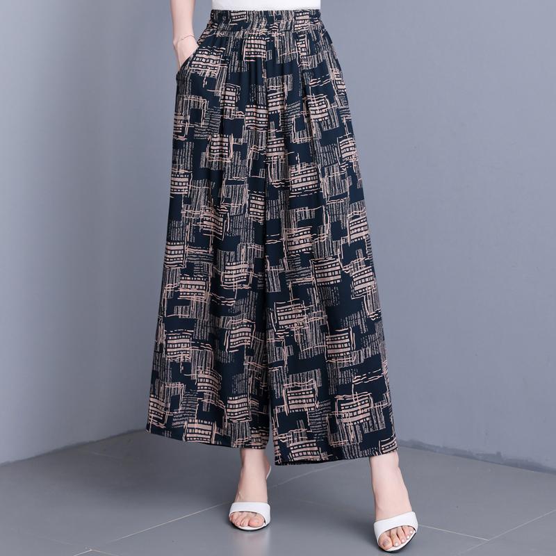 Women's Plus Size Cotton Silk Printed Wide Leg Pants, Elastic Waist Casual Summer Trousers (XL-5XL)