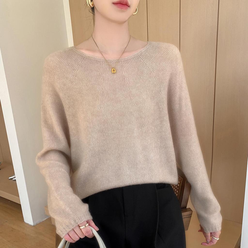 Elegant One-Shoulder Mulberry Silk Cashmere Sweater for Women - Slimming Autumn/Winter Knit Base Layer