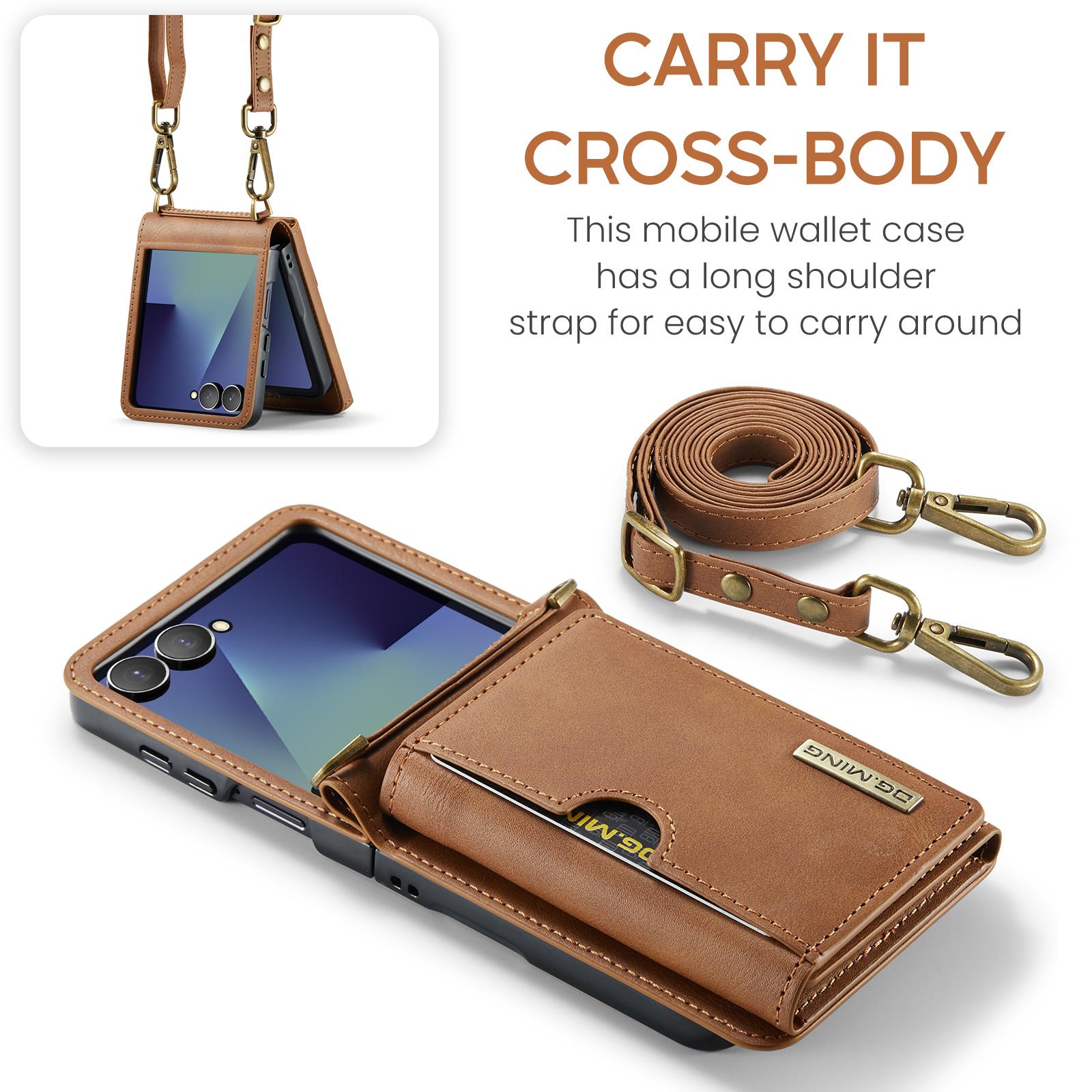 

Retro Auto Leather Crossbody Phone Case for Samsung Galaxy Z Flip 7 Flip6 Long Strap RFID Blocking Card Slot Wallet Stand Cover Galaxy Z Flip7 коричневый
