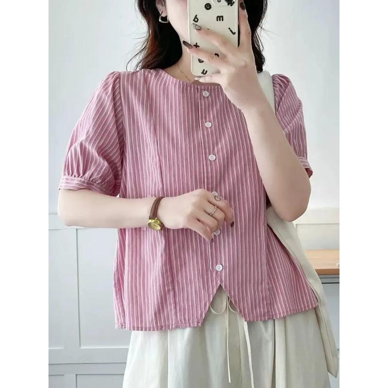 

French Striped Short Sleeve Shirt Women New Small Short Top Loose Retro Cardigan L рожевий