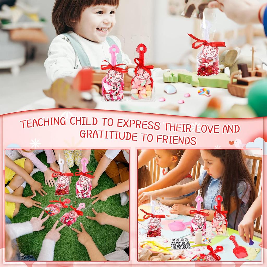 Chumia Valentine's Day Plastic Toy Shovels I Dig You Toy Shovels Set with I Dig You Stickers Valentine Tags with Ribbon Favor(133 Pieces)