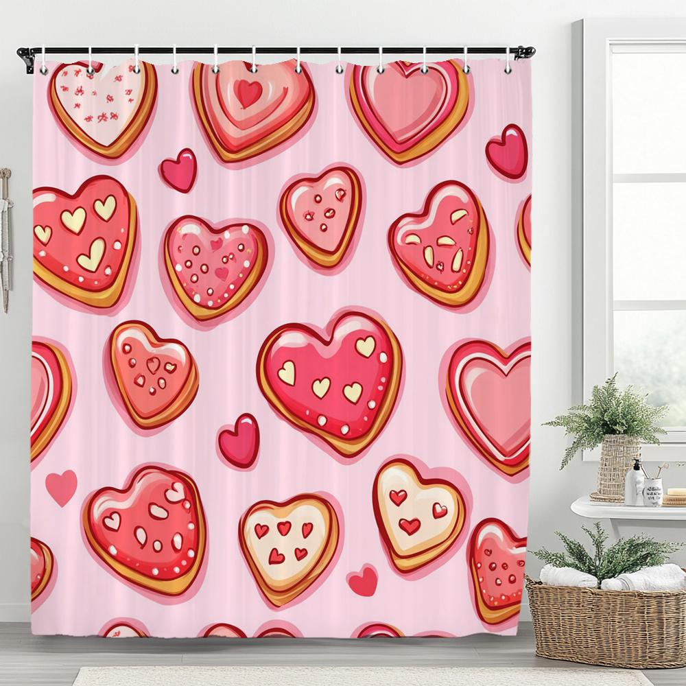 Modern Red Love Pattern Shower Curtain,Lover Printed Polyester Fabric Decorative Bathroom Curtain, Home Curtain with Hooks
