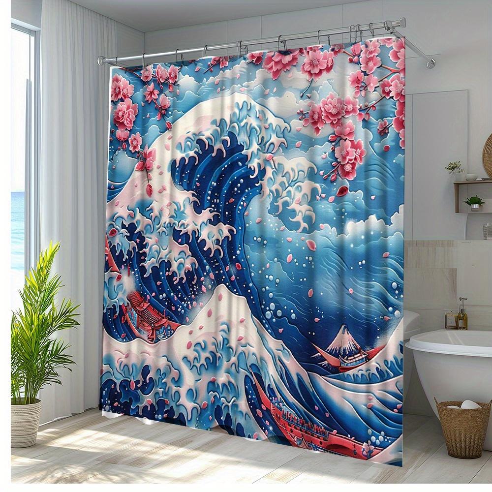 1pc Cherry Blossom Wave Shower Curtain - Stunning Japanese-Inspired Bathroom Decor, Polyester Fabric with 12 Hooks,
