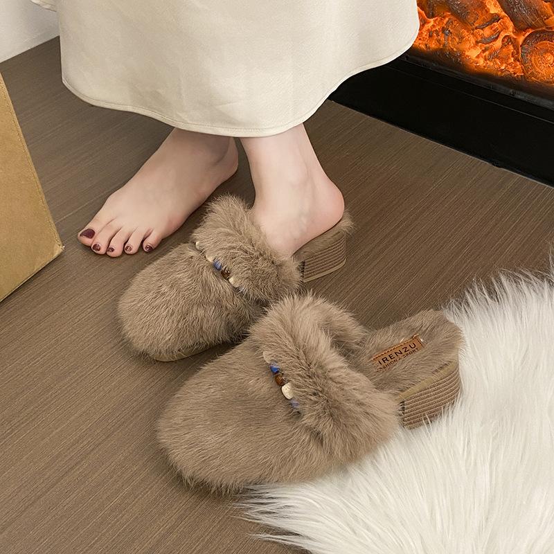 Thick-bottomed Fluffy Slippers for Women's Outer Wear 2025 Autumn and Winter New Beaded Accessories Fashion Foreign Style Home High-end Cotton Slipper