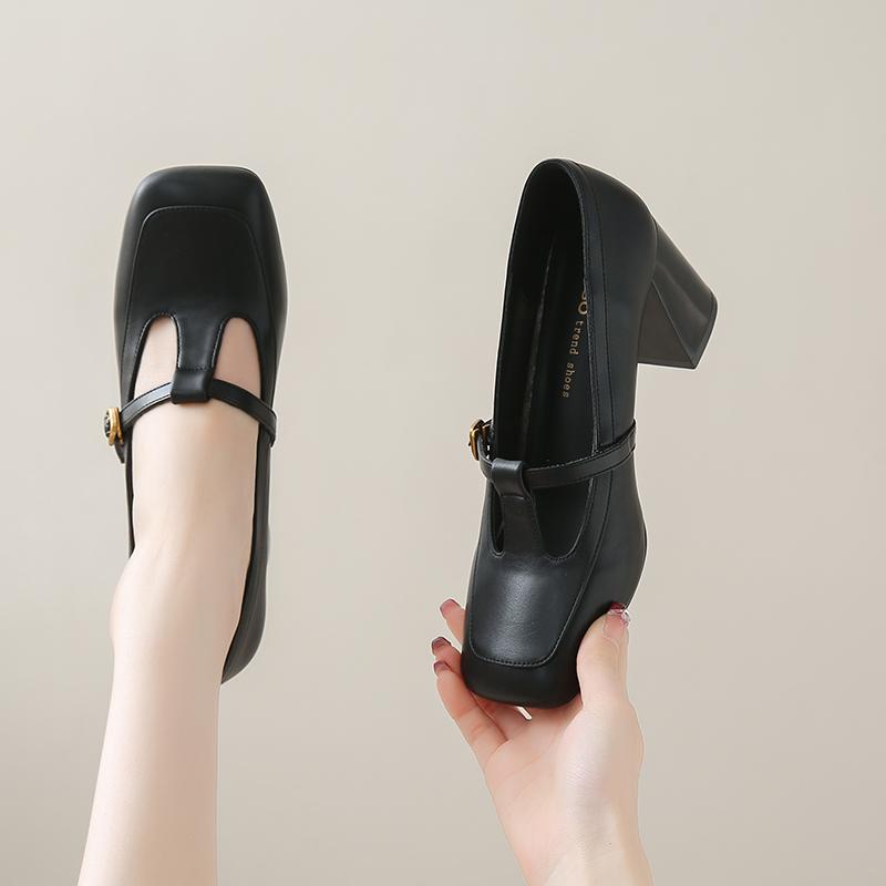 Fashion 2025 Shoes Female Retro Women's Mary Jane High Heels Square Toe Buckle Strap Chunky Heel Pumps for Fashion Dress Office Zapatos