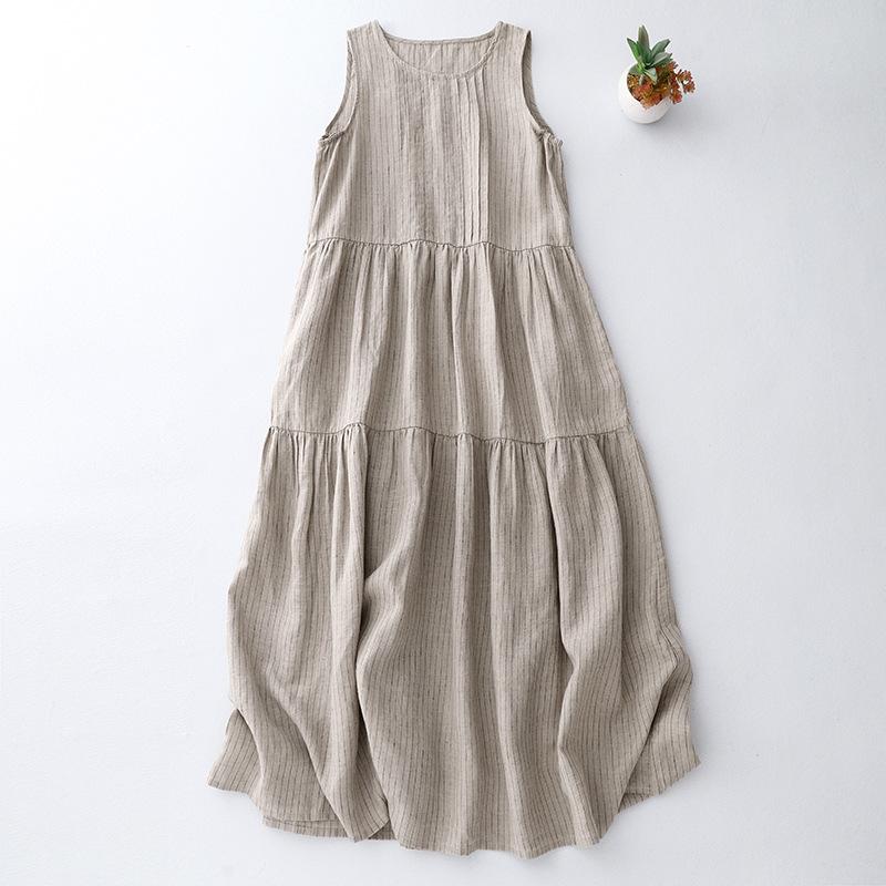 Plain Striped Loose Plus Size Women's New Pressed Pleated Literary Vest Dress